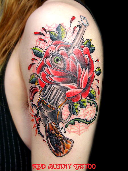 Ideas rose and gun tattoo