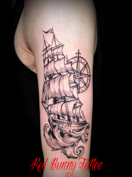 船とコンパス タトゥーデザイン　ship&compass tattoo