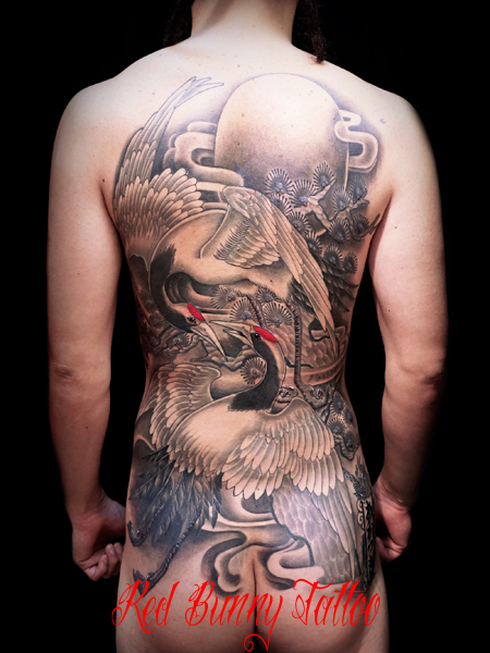 鶴の刺青・タトゥーデザイン　背中一面・和彫り