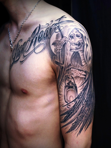 死神と文字のタトゥーデザイン GRIM REAPER & Letter tattoo