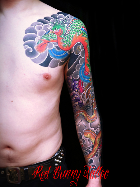 鳳凰・菊・蛇の刺青デザイン　九分の和彫り