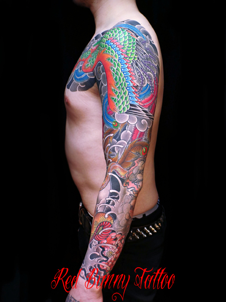 鳳凰・菊・蛇の刺青デザイン　九分の和彫り　phoenix japanese tattoo (3)