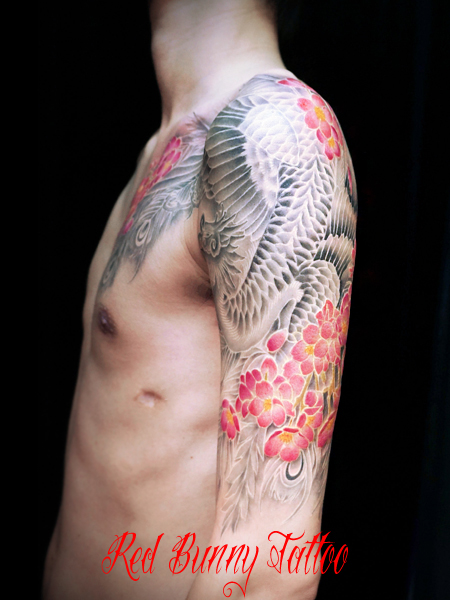 白筋の鳳凰と桜の刺青・タトゥーデザイン Japanese Phoenix tattoo