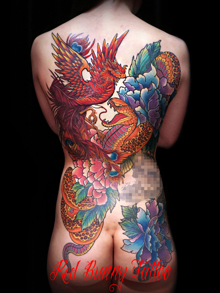 鳳凰・蛇・牡丹の刺青・タトゥーデザイン　女性の刺青