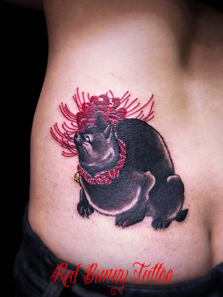 国芳の猫と彼岸花のタトゥーデザイン　cat flower tattoo