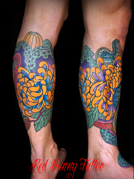 蛇と菊の刺青・タトゥーデザイン 花 japanese flower tattoo