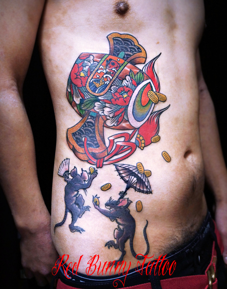 打ち出の小槌と鼠・ねずみの刺青・タトゥーデザイン　縁起物