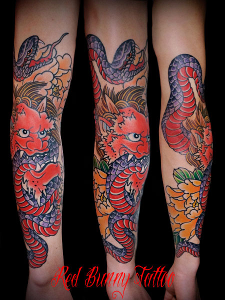 鬼、蛇、牡丹の刺青・タトゥーデザイン