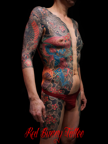 風神雷神 脇腹 胸割り 刺青 和彫り japanese tattoo irezumi