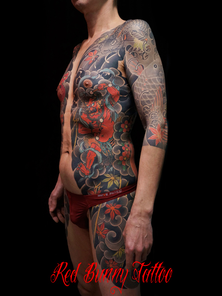 風神雷神 脇腹 胸割り 刺青 和彫り japanese tattoo irezumi