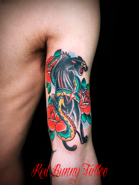 パンサー・蛇・バラのタトゥーデザイン アメリカントラディショナル　panther-rose-tattoo