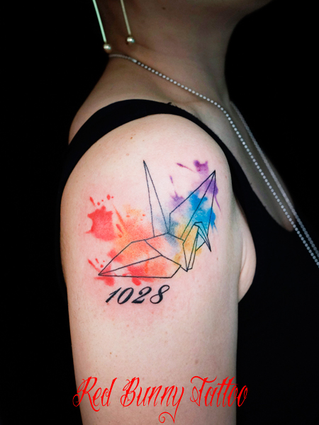 折り鶴 水彩画 ウォーターカラー タトゥーデザイン 女性 paper crane tattoo
