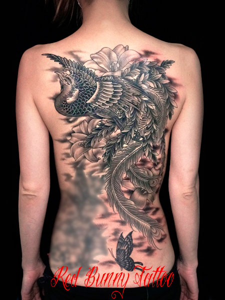 鳳凰と百合の刺青・タトゥーデザイン 女性の背中 phoenix tattoo-woman