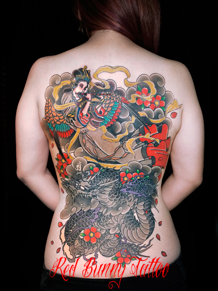 天女と龍の刺青・タトゥーデザイン　女性の背中・和彫り