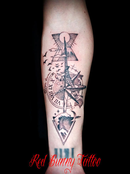 山と太陽 月と波　コンパスと懐中時計　タトゥーデザイン