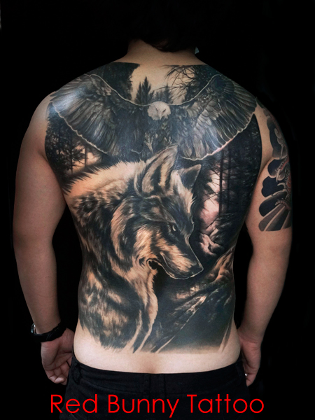 狼・鷲・森　自然・動物のタトゥーデザイン