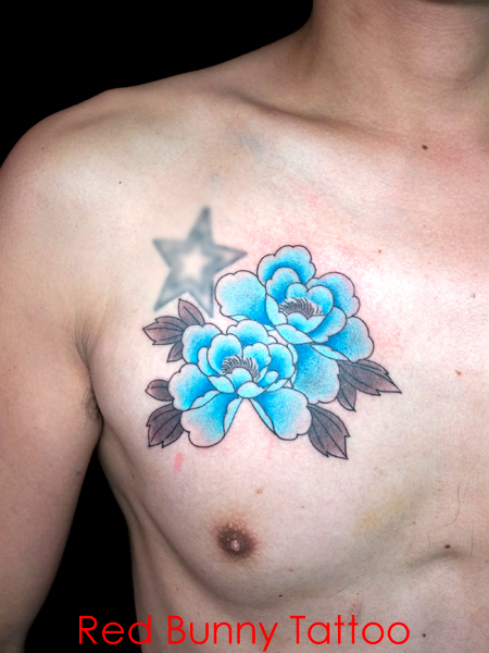 牡丹 青い花　タトゥーデザイン　植物 peony tattoo