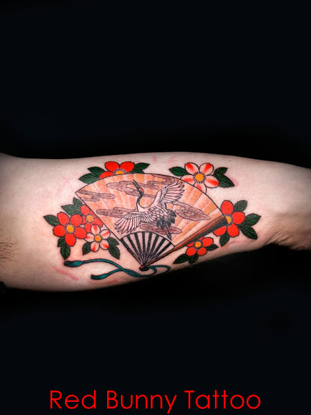 鶴の扇子　刺青・タトゥーデザイン　縁起物　桜