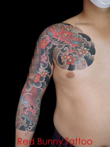 龍と桜の刺青・和彫り・タトゥーデザイン　額彫り　七分