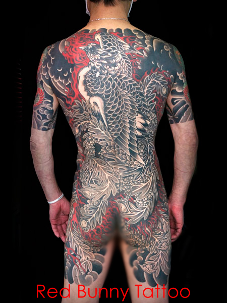 鳳凰　背中一面 刺青　和彫り　タトゥーデザイン　甲羅彫り