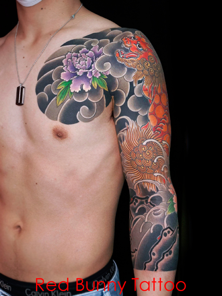唐獅子牡丹　刺青・和彫り　タトゥーデザイン 額彫り japanese style tattoo
