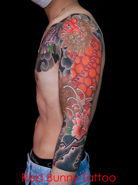 唐獅子牡丹　刺青・和彫り　タトゥーデザイン 額彫り japanese style tattoo