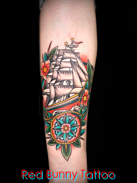 船のオールドスクールタトゥーデザイン　アメリカントラッド・ship tattoo