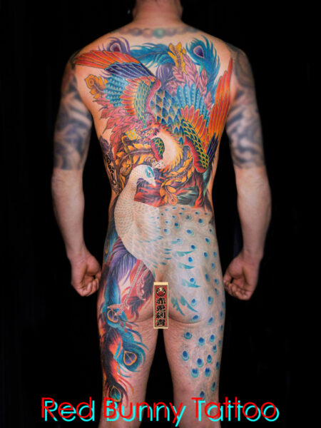 鳳凰と白孔雀の刺青・タトゥーデザイン　背中一面・和彫り　japanese phoenix&peacock tattoo