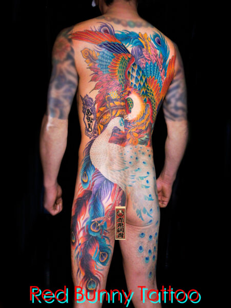 鳳凰と孔雀の刺青、背中一面の和彫り、タトゥーデザイン　東京　吉祥寺 houou tattoo