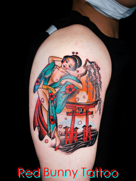 芸者・鳥居・桜のタトゥーデザイン　アメリカントラッド　japanese geisha shrine cherryblossom tattoo 