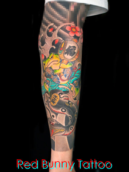 蛙・蛇・打ち出の小槌の刺青・タトゥーデザイン　額の延長・二重彫り japanese frog snake tattoo