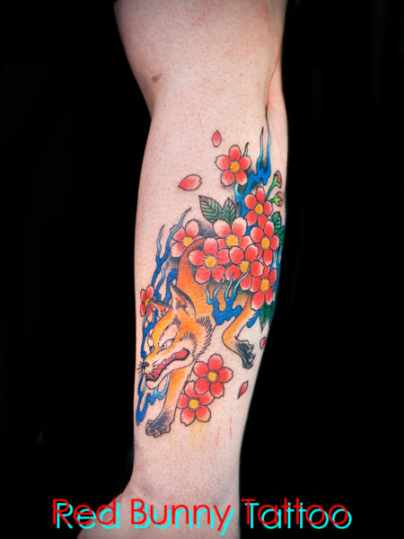 狐と桜の刺青・タトゥーデザイン　japanese fox tattoo 　妖怪