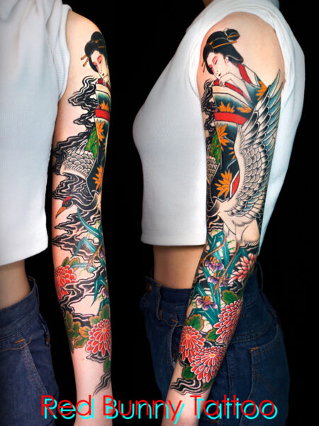 花魁・鶴・菊の刺青　タトゥーデザイン　女性の腕　crane geisha chrysanthemum tattoo 和彫り