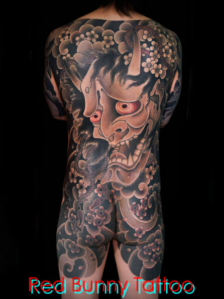 般若と桜散らし　刺青・和彫り・タトゥーデザイン・背中一面　Hannya mask tattoo