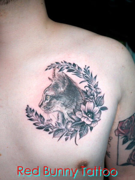 猫と花のタトゥーデザイン　ペット・動物・胸 cat&flower tattoo