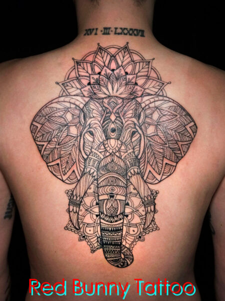 象のラインワークタトゥーデザイン　背中・ヘナタトゥー・elephant tattoo