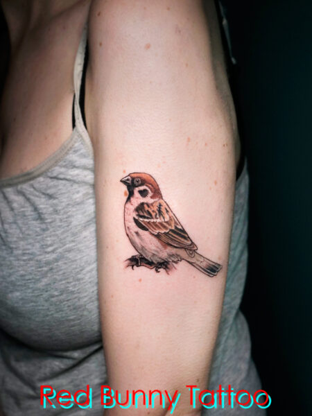 スズメのタトゥーデザイン　鳥・女性の腕・sparrow tattoo