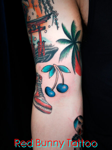 サクランボ・ブルーチェリーのタトゥーデザイン blue cherry tattoo