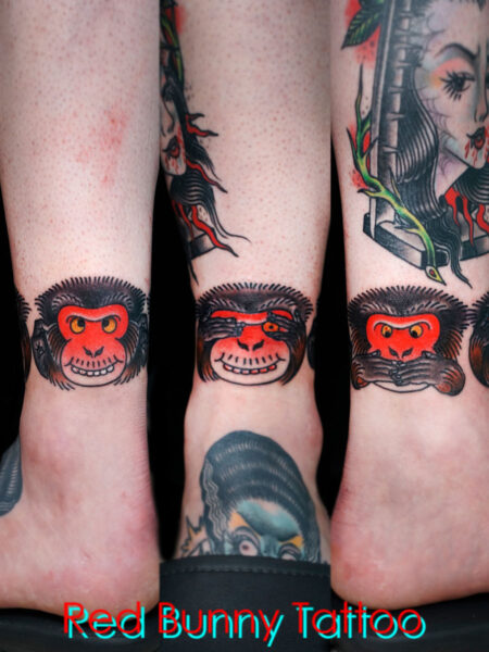 三猿のタトゥーデザイン　足首・動物　three wise monkeys tattoo 