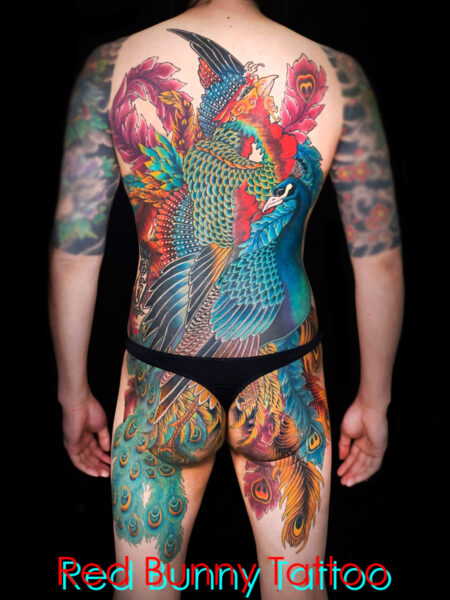 鳳凰と孔雀の刺青・タトゥーデザイン　背中一面・和彫り・phoenix peacock tattoo