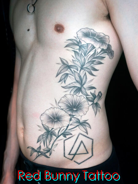 朝顔のタトゥーデザイン　花・植物・脇腹・morning glory tattoo flower