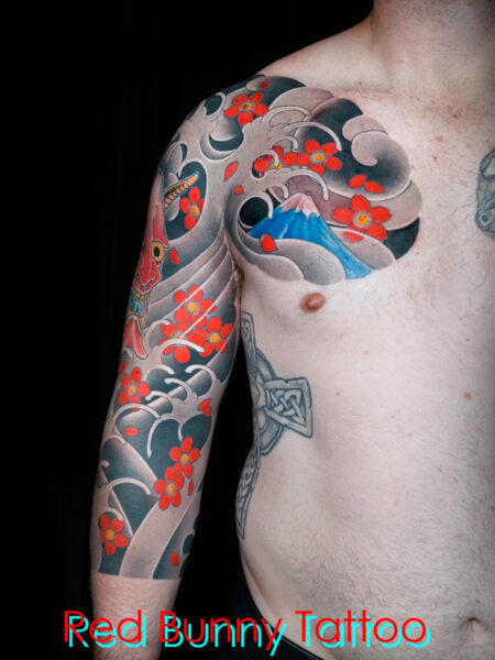 般若と桜散らしの刺青・和彫り　タトゥーデザイン・額彫り・hannya mask cherryblossom tattoo