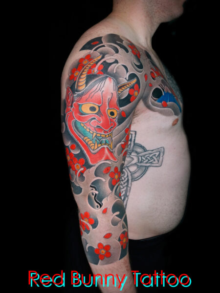 般若と桜散らしの刺青・和彫り　タトゥーデザイン・額彫り・hannya mask cherryblossom tattoo