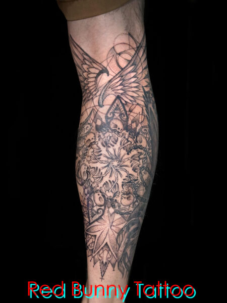 羽根・幾何学模様・骸骨・スケルトンのタトゥーデザイン skelton tattoo/geometric