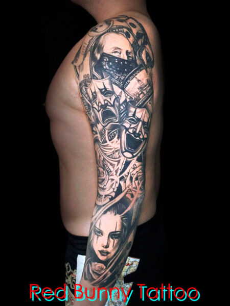 ブラック&グレータトゥーデザイン　マネーローズ・ツーフェイス・チカーノ・black&gray tattoo