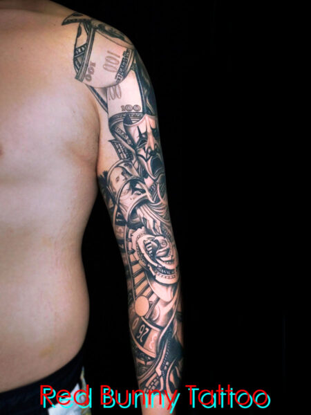 ブラック&グレータトゥーデザイン　マネーローズ・ツーフェイス・チカーノ・black&gray tattoo