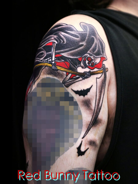 死神のタトゥーデザイン　月とコウモリと砂時計 grim reaper tattoo
