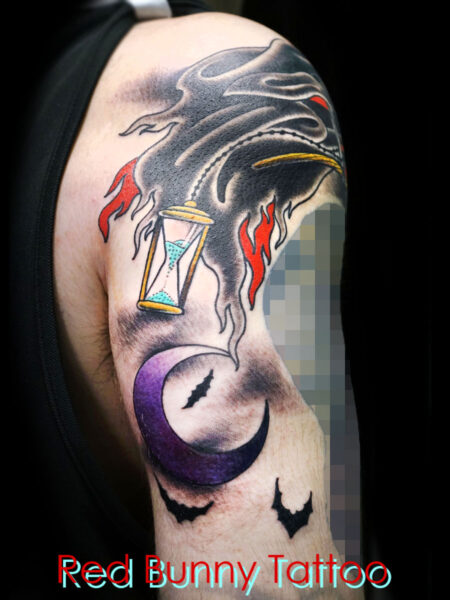 死神のタトゥーデザイン　月とコウモリと砂時計 grim reaper tattoo