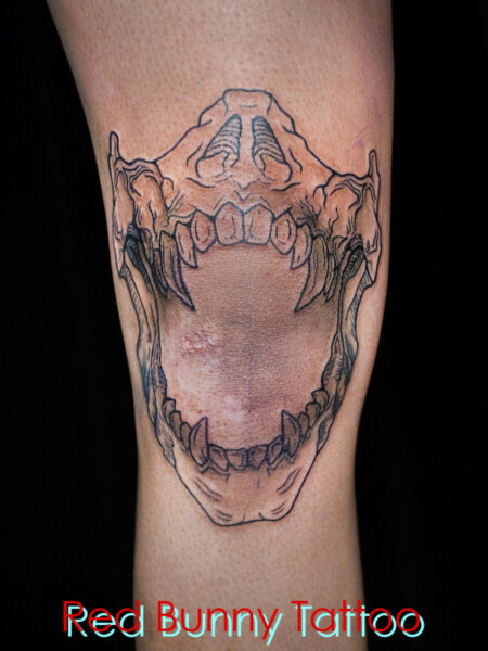 膝のスカルタトゥーデザイン　skull tattoo 骸骨　ドクロ