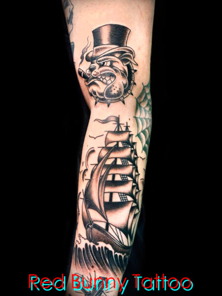 ブルドッグと帆船のタトゥーデザイン　アメリカントラディショナル・bull dog・ship tattoo